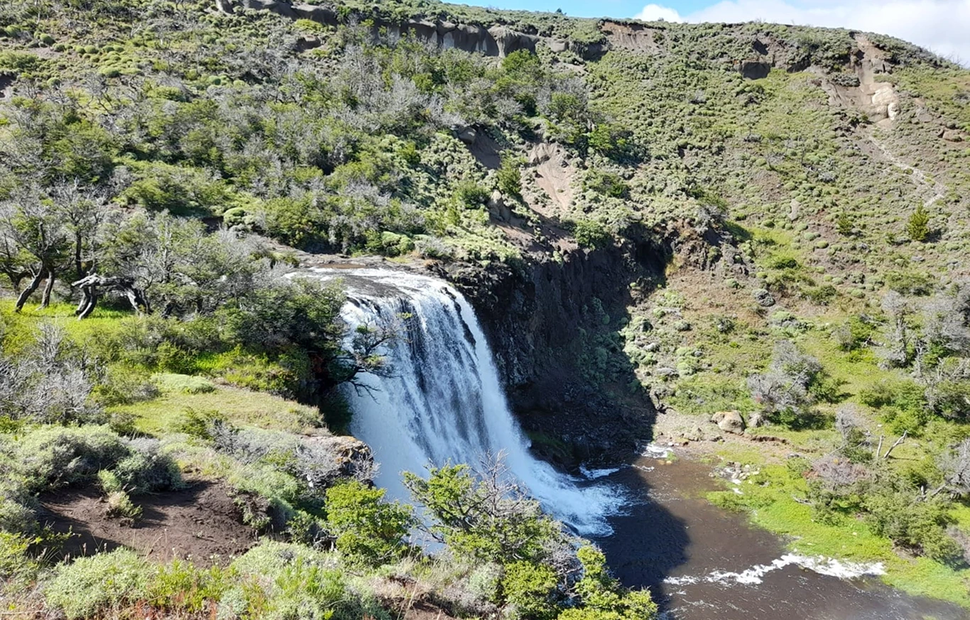 Cascada entre bosque nativo y cerros patagónicos