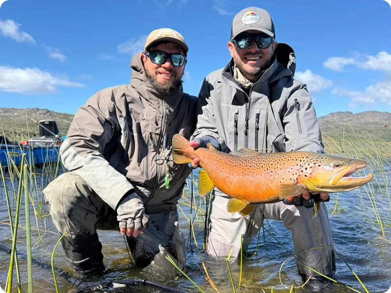 Guías Baqueanos con una trucha marrón en Patagonia